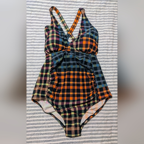 Motherhood Maternity Checkered One Piece Cross Strap Bathing Suit Orange Blue M - Picture 4 of 11